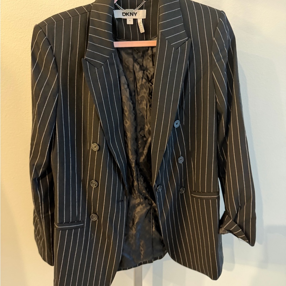 DKNY Black Pinstripe Double-Breasted Blazer Jacket
